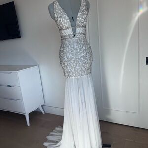 White Embellished V-Neck Evening Gown